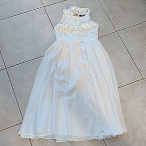 Girls White Lace Bodice Halter Dress , Beach Sheer Chiffon Dress Size 8